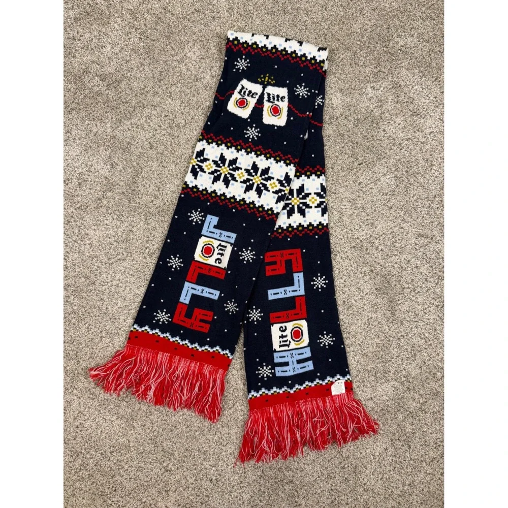 Miller Lite Its Miller Time Holiday Knit‎ Scarf Navy Blue Fair Isle Beer Fringe